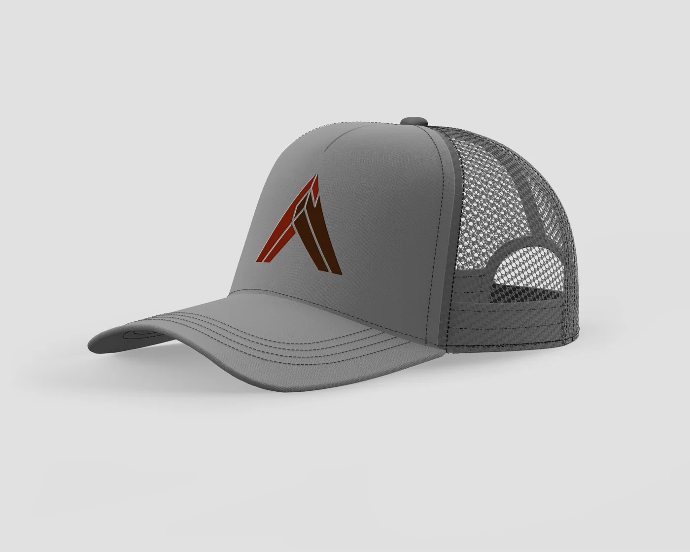 A grey trucker-style cap with the Agora Construction A-frame mark in cedar red and dark brown embroidered on the front panel