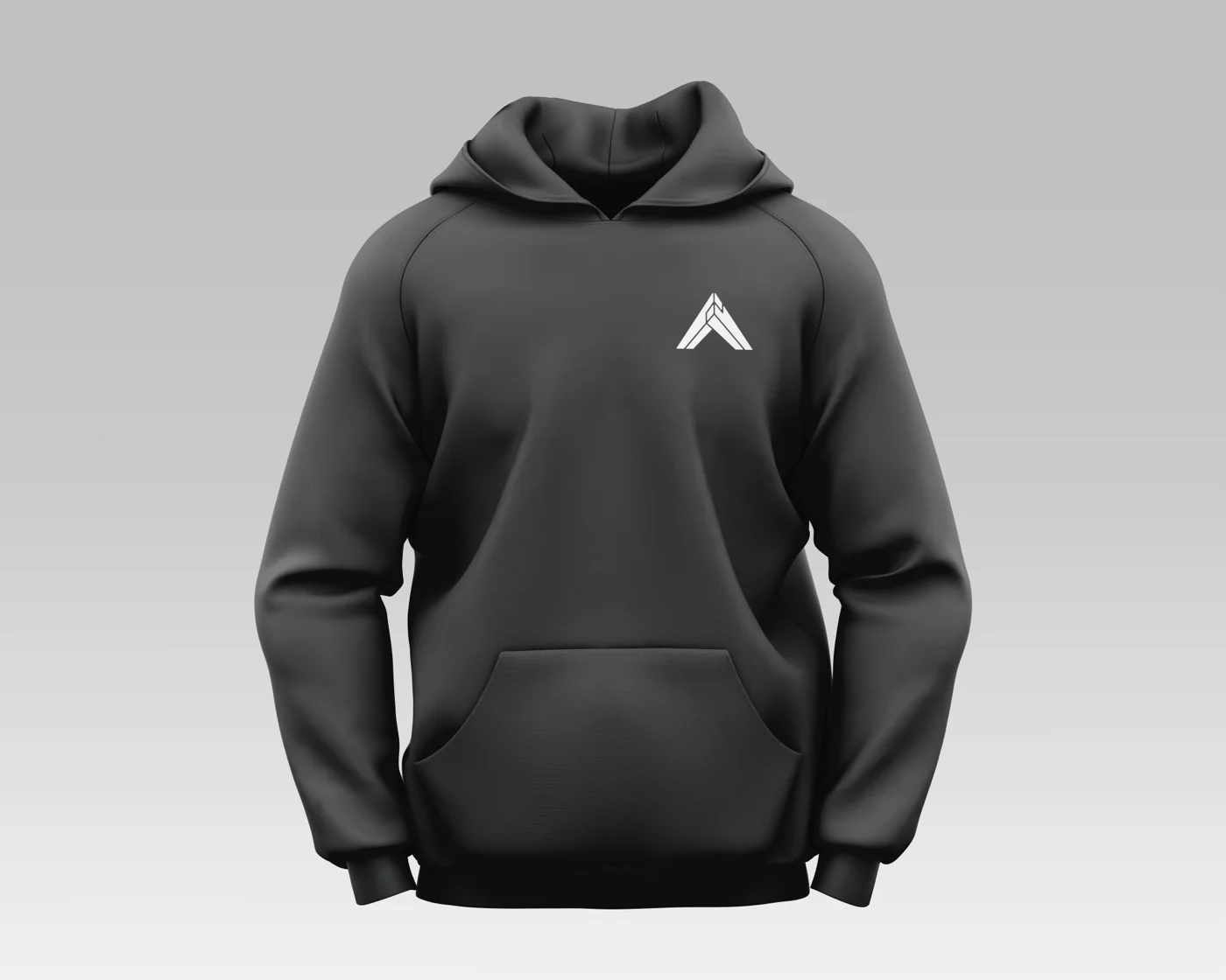 A dark charcoal grey pullover hoodie with the Agora Construction A-frame mark in white on the upper-left chest