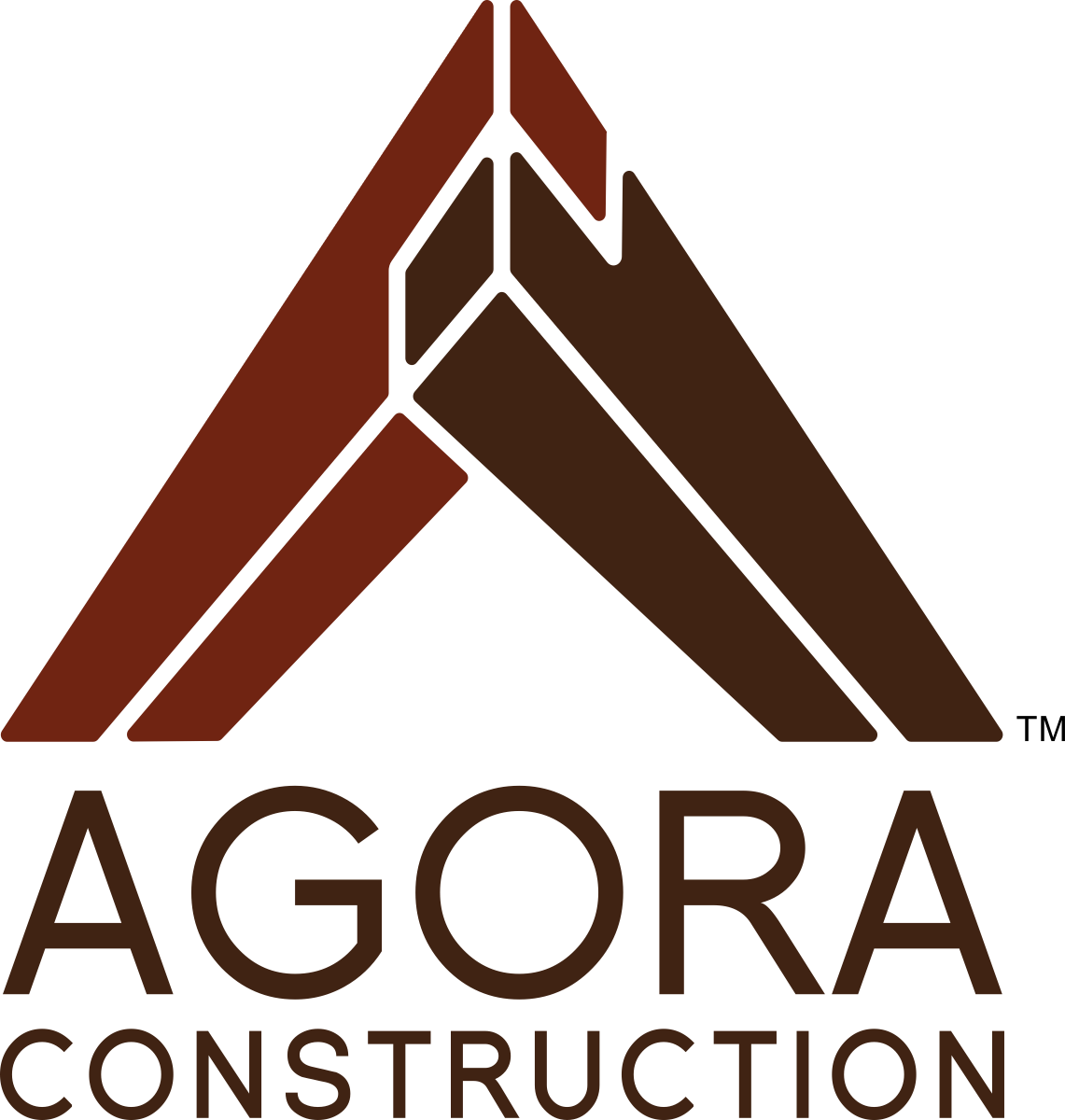 The Agora Construction logo: an A-frame structural mark built from interlocking cedar red and dark brown beams in 3D perspective, with a small notch at the top right suggesting a miter cut, AGORA in a heavy brown sans serif beneath, and CONSTRUCTION in smaller caps at the base