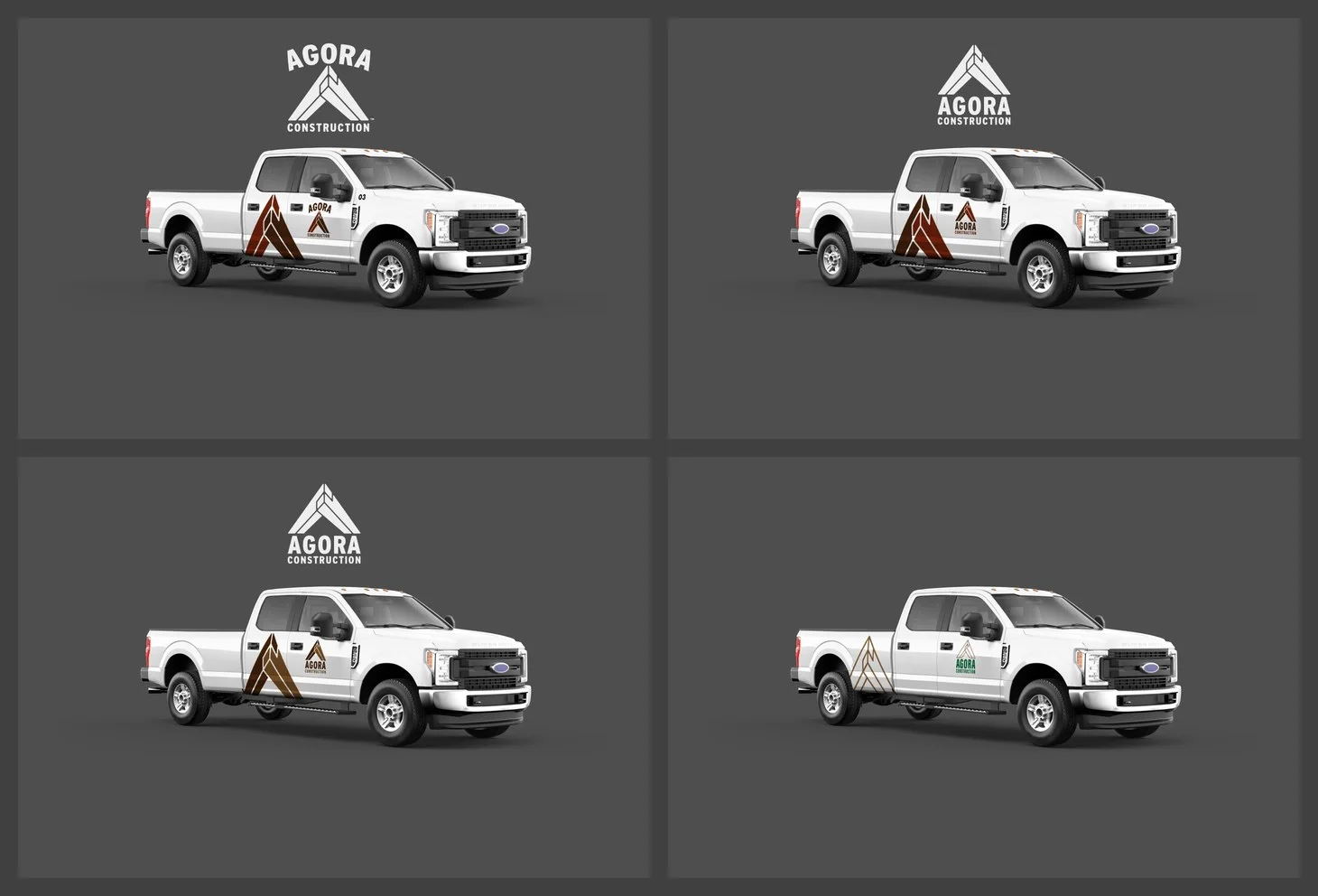 A 2-by-2 grid of four F-250 pickup mockups showing the Agora Construction logo in four different colour treatments: top-left with cedar red and dark brown as primary colours with red accent at the peak, top-right with cedar red and brown filled solid across all planes, bottom-left with two shades of brown (tan and chocolate) and no red, bottom-right with thin outlined lines only in green and brown