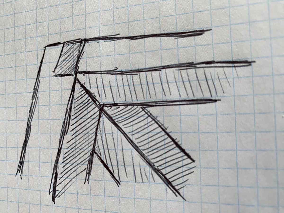 A hand-drawn pencil and marker sketch on graph paper showing a 3D mortise-and-tenon style corner joint — two beams meeting at a 90-degree angle with cross-hatching to indicate the wood grain and one beam passing through the other in perspective