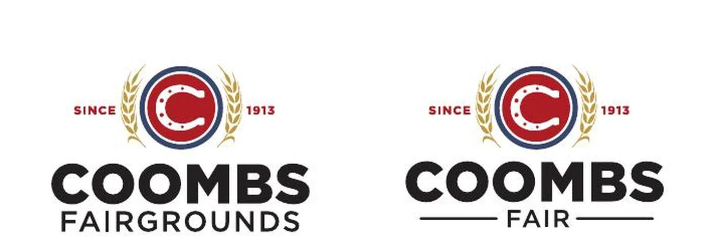 The two Coombs identity variants side by side: COOMBS FAIRGROUNDS on the left and COOMBS FAIR on the right, each using the same heritage shield with horseshoe, wheat stalks, and SINCE 1913 text, differing only in the wordmark beneath