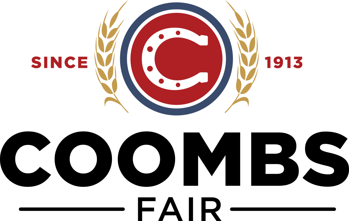 The final Coombs Fair logo: a circular heritage shield with a navy outer ring, red inner circle, white horseshoe forming the letter C with decorative dots inside echoing nail holes, gold wheat stalks flanking both sides with red SINCE 1913 text, and COOMBS FAIR wordmark beneath in heavy black sans with horizontal rules bracketing FAIR