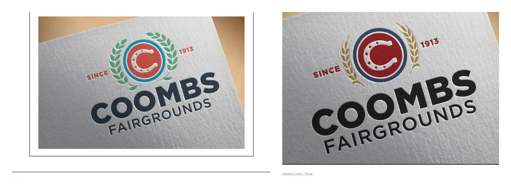Side-by-side comparison of the Circle C direction in its initial and refined versions: on the left, a bright blue badge with a green laurel wreath and navy wordmark; on the right, a navy badge with gold wheat stalks and a heavy black wordmark
