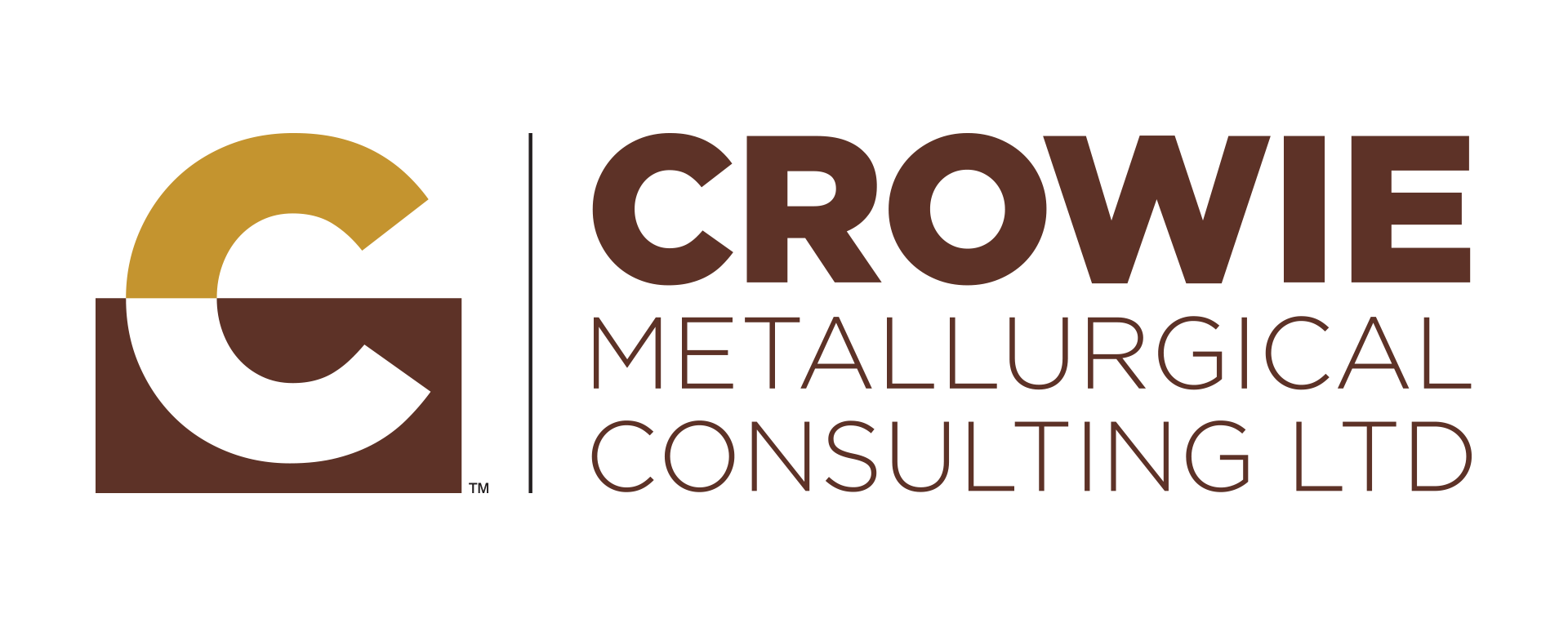 The chosen Crowie Metallurgical Consulting logo: a gold arc above a brown rectangular block with a white C carved into it, alongside CROWIE in heavy brown sans and METALLURGICAL CONSULTING LTD in a lighter weight beneath