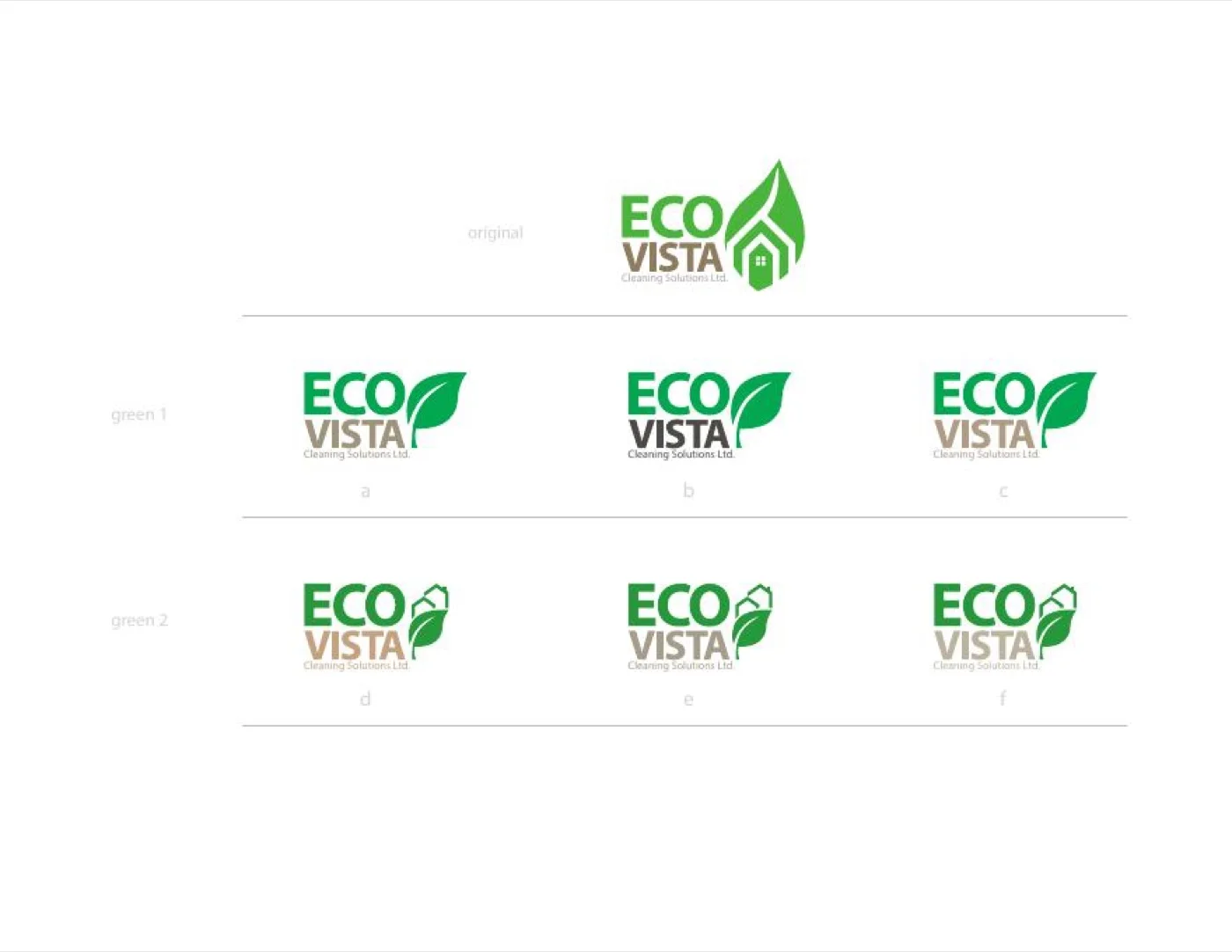 A 6-variant colour grid showing the Ecovista Evergreen mark refined across two green palettes and three Eco/Vista colour-assignment combinations: a bright-green palette labelled Green 1 across the top three options, and a green-and-bronze palette labelled Green 2 across the bottom three options