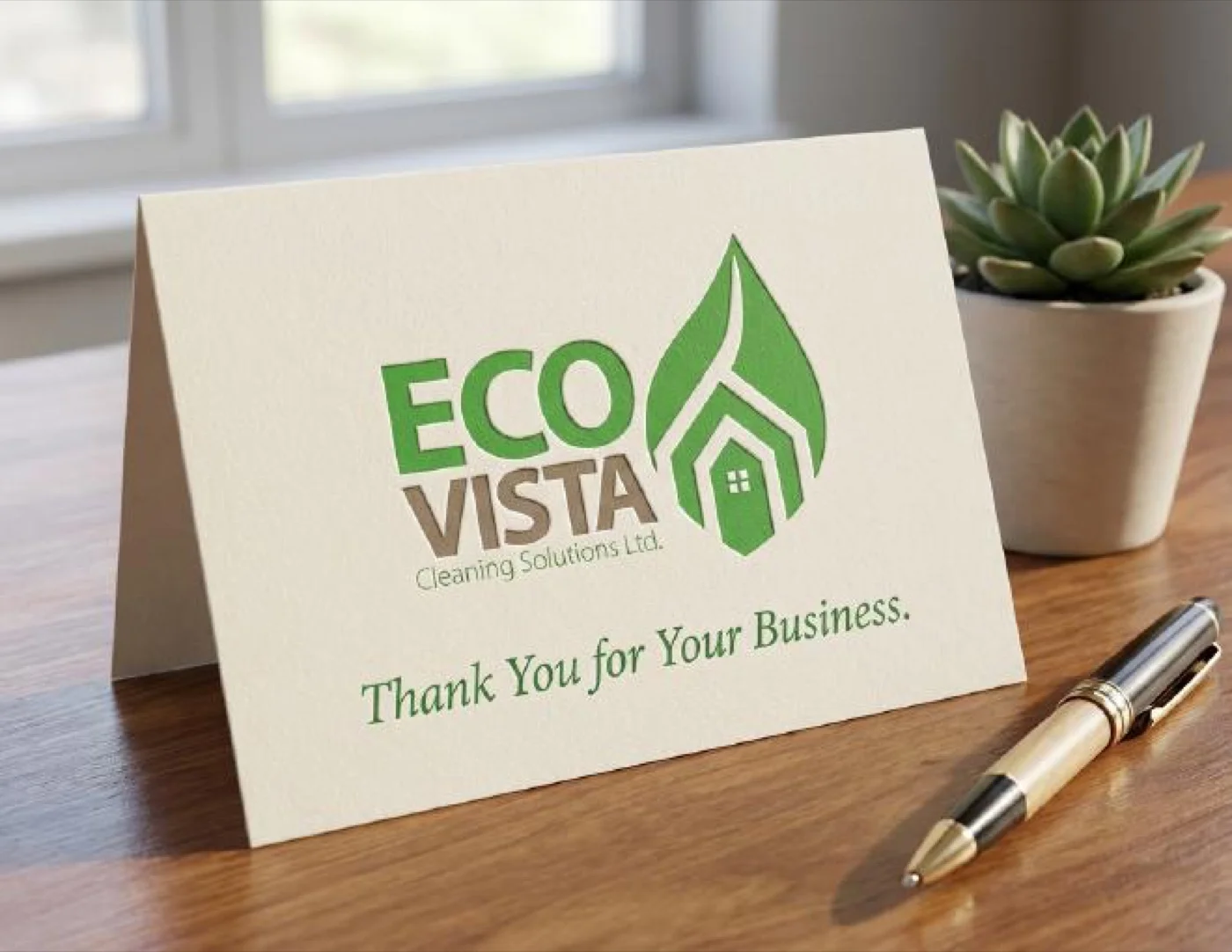 The Ecovista Evergreen concept applied to a cream-coloured thank you card: a large dark green leaf icon sits to the right of a stacked ECO VISTA wordmark, with a small white house silhouette tucked inside the leaf shape