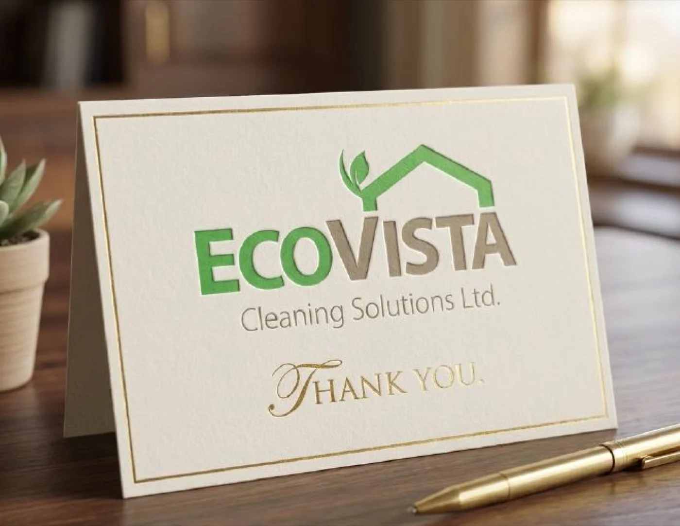 The EcoVista Living concept applied to a cream thank you card with gold foil accents: ECO in green and VISTA in grey stacked horizontally, with a minimal line-drawn house roofline above the wordmark and a small green leaf sprouting from the roof's peak