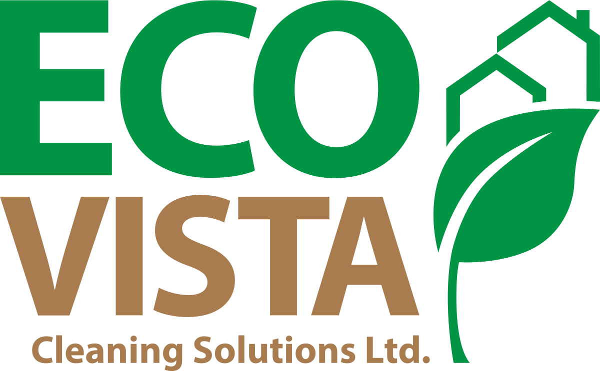 The final EcoVista Cleaning Solutions Ltd. logo: ECO in bright green above VISTA in warm bronze, with a large green leaf icon to the right containing a small house silhouette integrated at the top of the leaf, and Cleaning Solutions Ltd. in smaller bronze type beneath