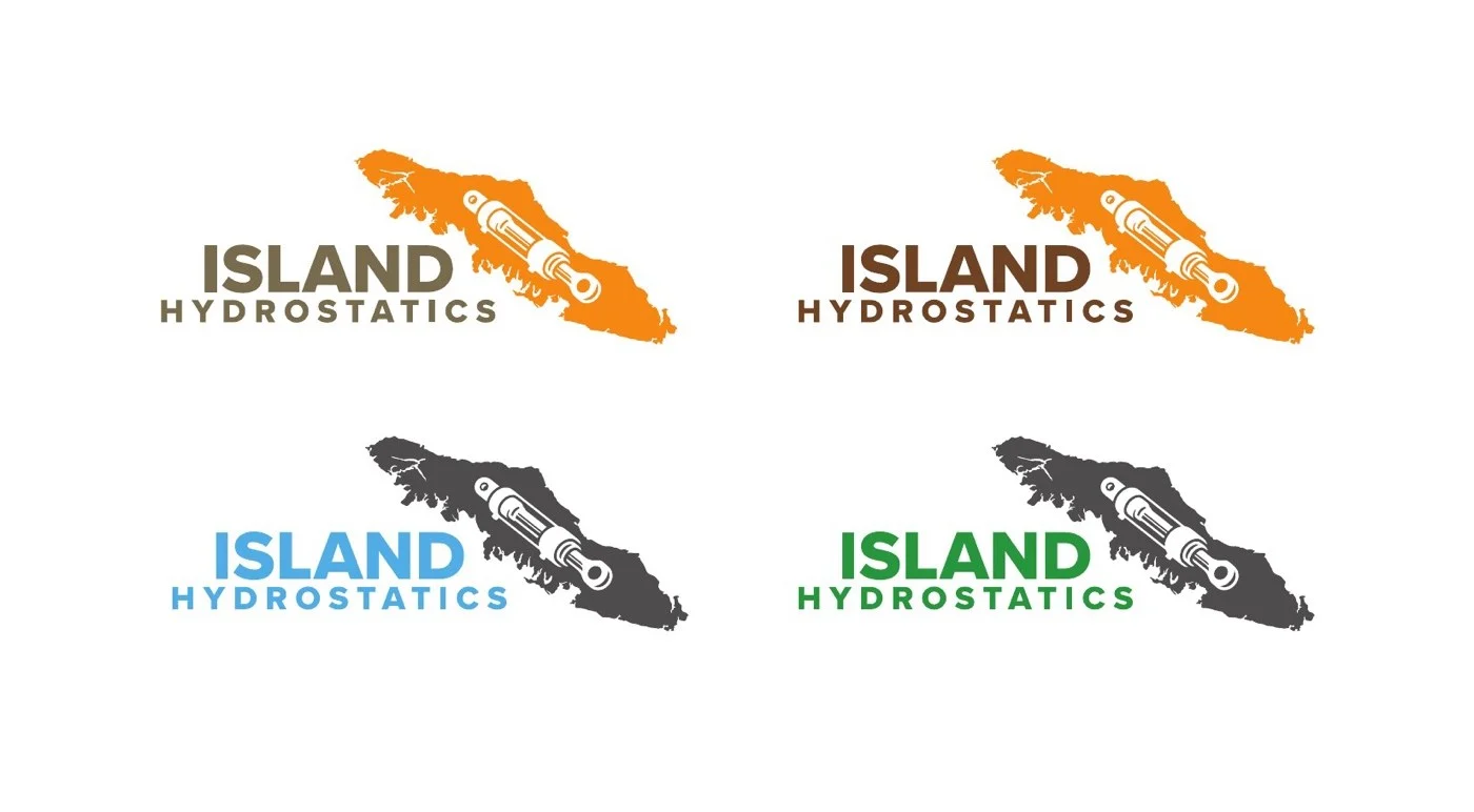 A 2-by-2 grid of the Island concept in four colour treatments: top-left in saturated orange with cocoa wordmark, top-right in dark forest green with green wordmark, bottom-left in bright blue with blue wordmark, bottom-right in charcoal grey with charcoal wordmark