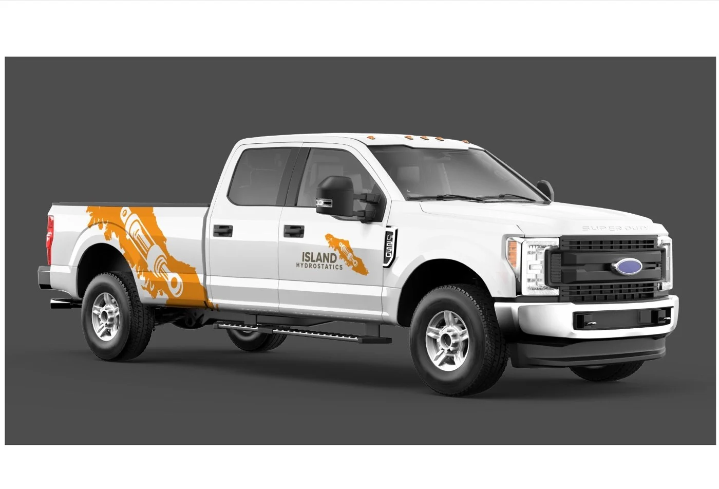 The Island concept applied to a Ford F-250 pickup truck wrap: the Vancouver Island silhouette exploded across the side panel in saturated orange, ISLAND HYDROSTATICS lockup centred on the front door