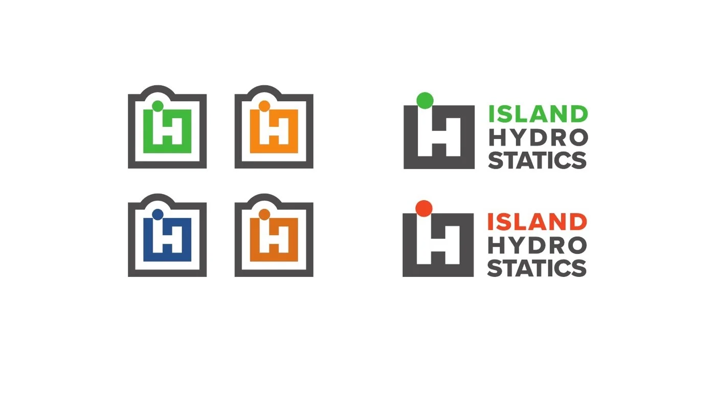 The iH Monogram in four colour variants: orange-and-grey badge with green-and-grey wordmark, all-orange badge with cocoa wordmark, orange-and-grey badge with blue-and-grey wordmark, all-orange badge with cocoa wordmark