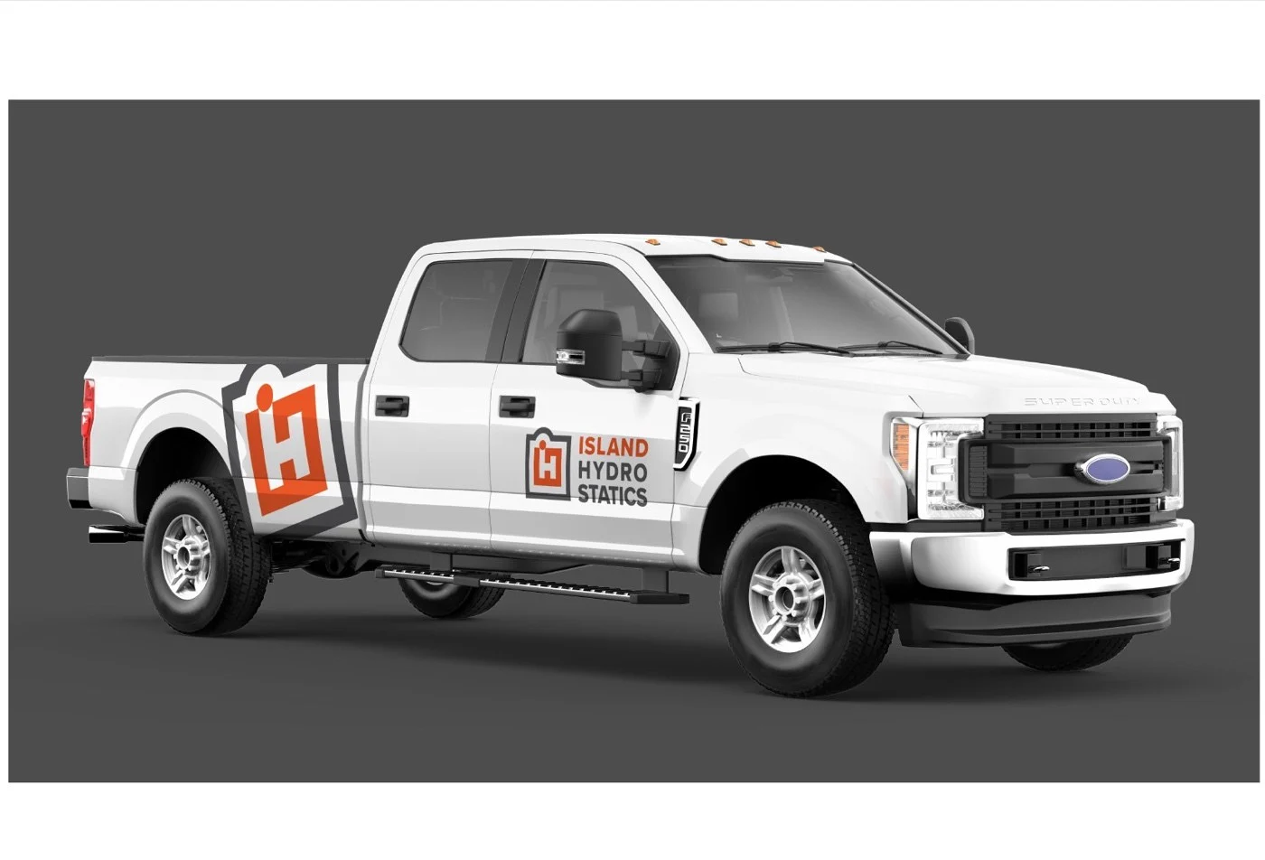 The iH Monogram concept applied to a Ford F-250 pickup truck wrap: the iH badge rendered large on the side panel in orange and grey, ISLAND HYDRO STATICS lockup centred on the front door