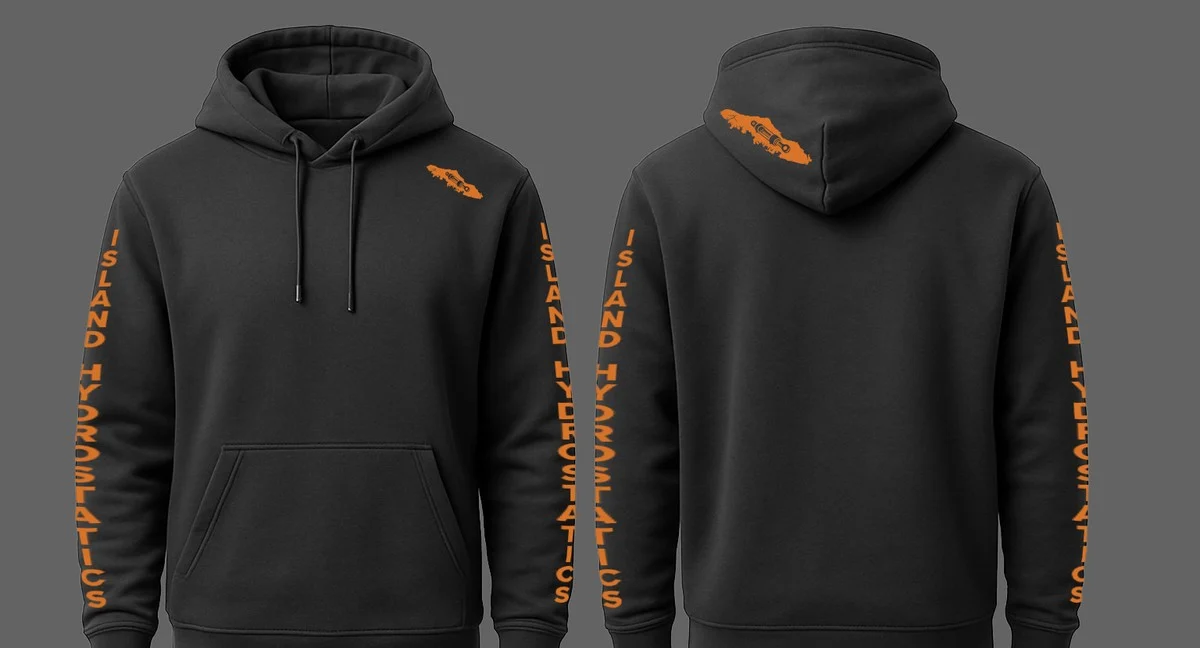 A pair of dark grey hoodies showing the Island Hydrostatics shop apparel: the front-view hoody with a small Vancouver Island silhouette patch on the upper-left chest in orange and ISLAND HYDROSTATICS running vertically down the right sleeve in the same orange, and the back-view hoody with the silhouette patch centred on the hood and the same vertical sleeve treatment