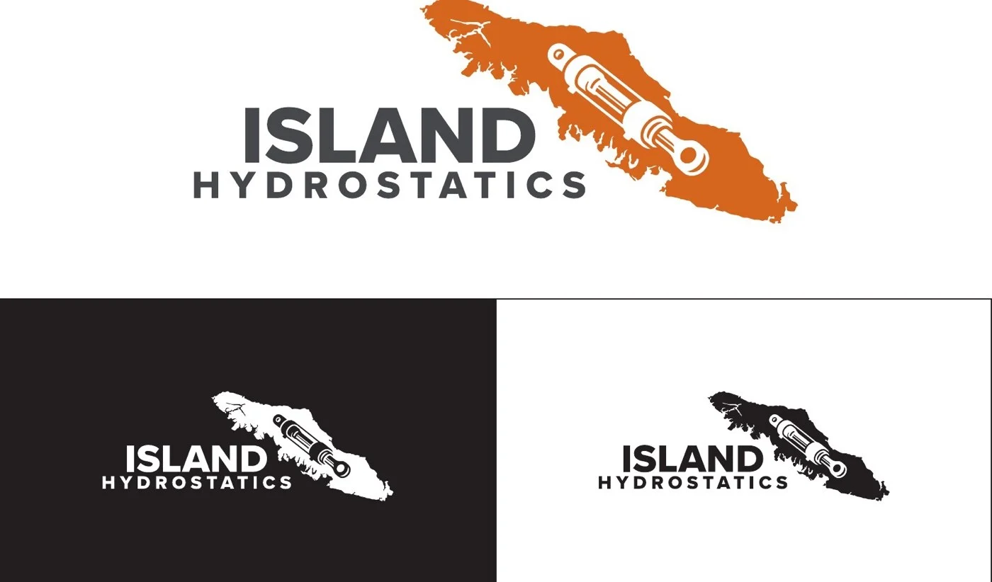Three lockup treatments of the final Island Hydrostatics mark: the full-color version with orange Vancouver Island silhouette and white cylinder cutout, the dark-background version with white island silhouette and graphite cylinder, and the reverse white-on-orange version with a charcoal background