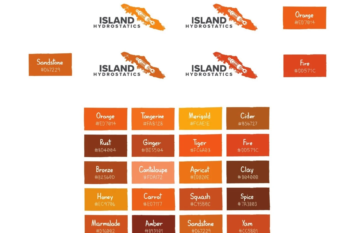 A colour exploration document with twenty orange swatches arranged in a five-by-four grid — Orange, Tangerine, Marigold, Cider in the top row, then Rust, Ginger, Tiger, Fire, then Bronze, Cantaloupe, Apricot, Clay, then Honey, Carrot, Squash, Spice, then Marmalade, Amber, Sandstone, Yam — with the mark mocked up in four shortlisted candidates above the grid: Orange, Sandstone, and Fire labelled as the finalists