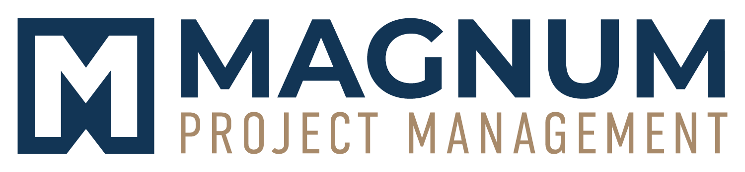 The full Magnum Project Management logo lockup, showing the navy square M mark alongside MAGNUM in navy and PROJECT MANAGEMENT in warm gold