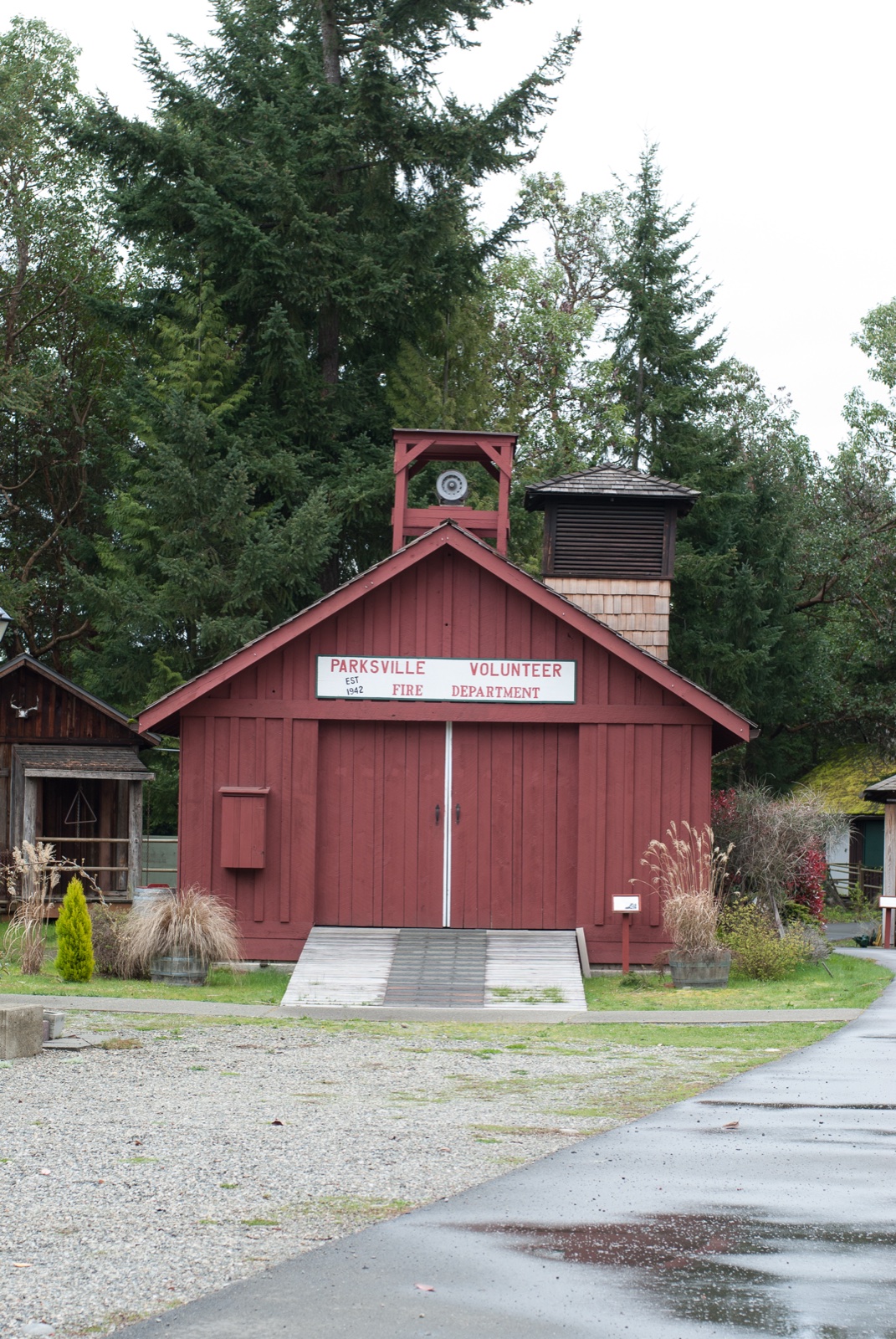 The red Parksville Volunteer Fire Department heritage building with its bell tower