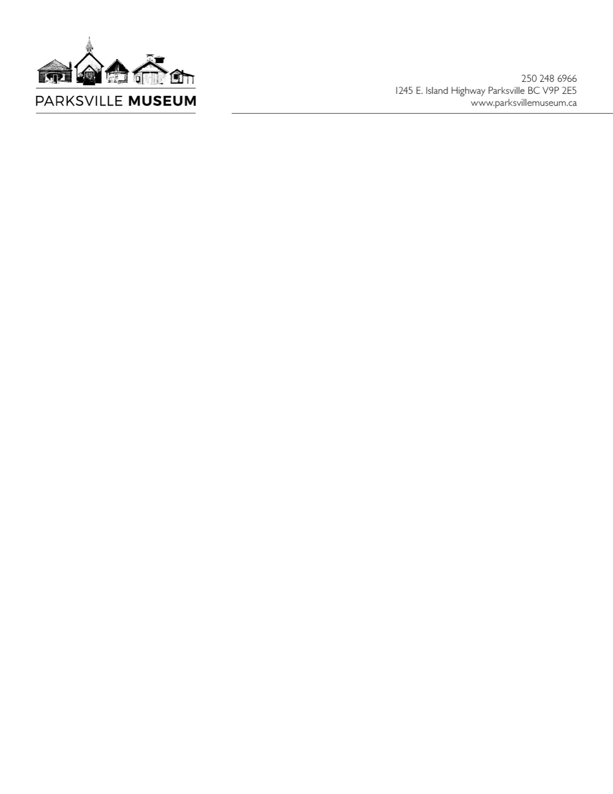 The Parksville Museum letterhead with the detailed logo at the top left and contact information on the right