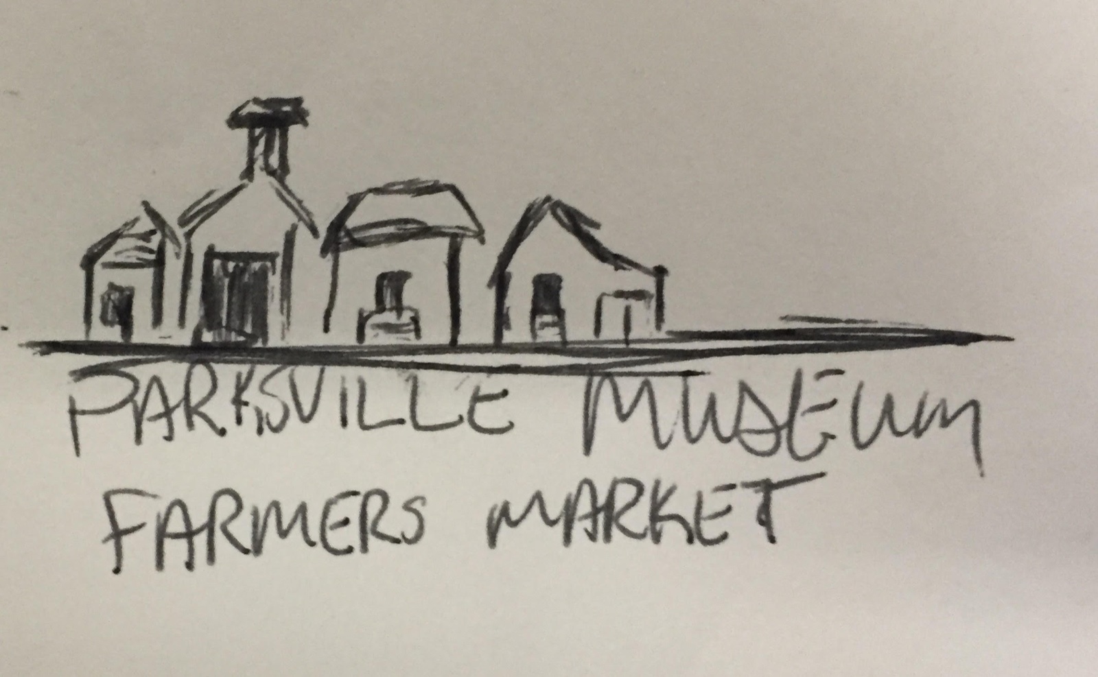 A rough pencil sketch of the Parksville Museum logo concept, showing a row of heritage building silhouettes with handwritten lettering below