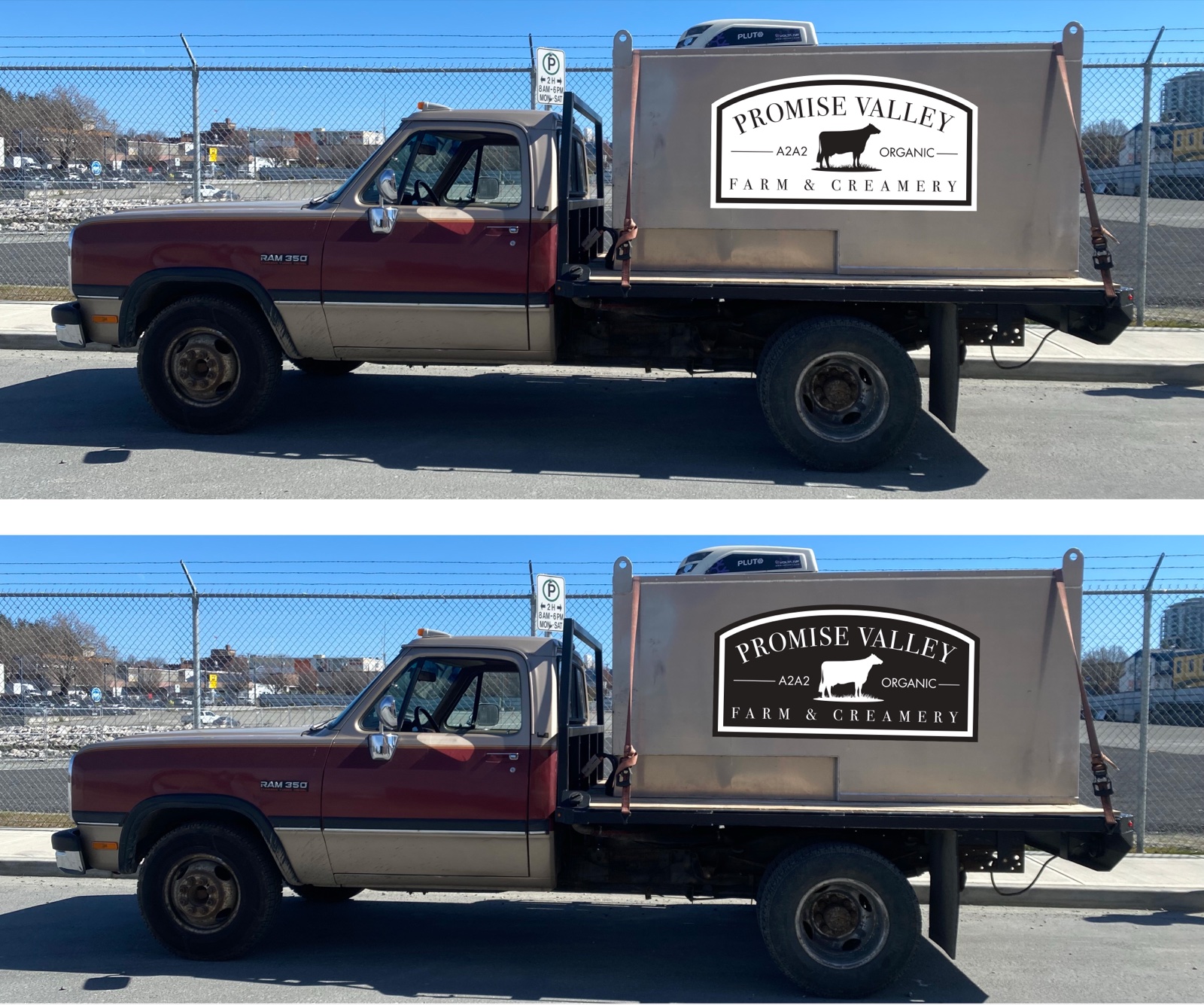 Two angles of the Promise Valley Farm delivery truck showing the logo applied to both sides