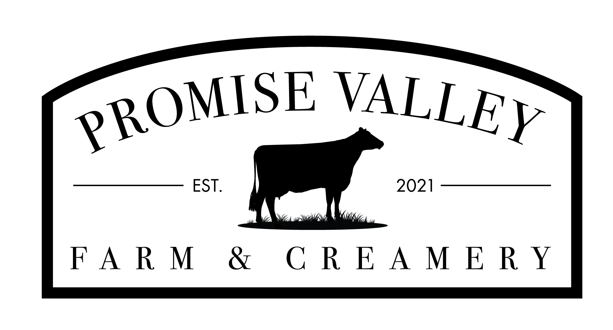 The Promise Valley Farm & Creamery logo, a black plaque-shaped mark with a Guernsey cow silhouette and Est. 2021 lockup