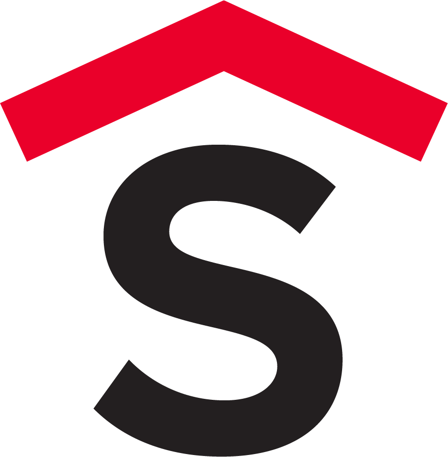The standalone Cozy S icon: a heavy black capital S with the same red chevron sitting above it, the chevron forming a roof over the letter